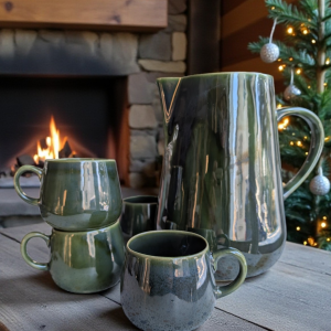 Zestaw ceramiczny w odcieniu butelkowej, świątecznej zieleni.